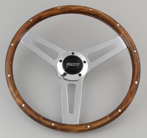 Grant Classic 5 Steering Wheels 992 Wheel, 5, Steel, Chrome, 3-Spoke, Wood Walnut Grip, 15.0 in. Diameter, 5-Bolt Mount, Each thumbnail 1