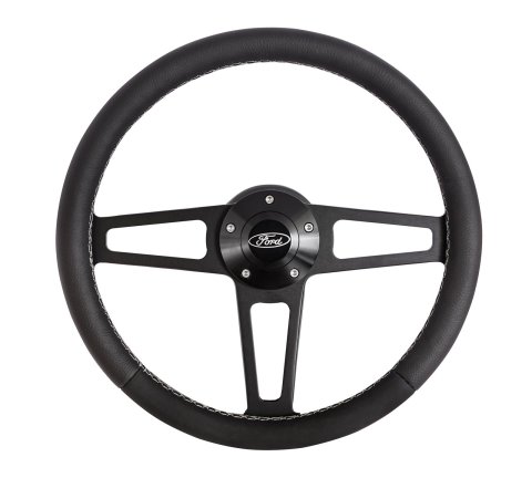 Grant Billet T-Series Steering Wheels 1918 Wheel, T Series, Aluminum, Black, Leather/Black, 3-Spoke, 14 in. Diameter, 5-Bolt mount, Ford Logo Horn Button, Each thumbnail 2