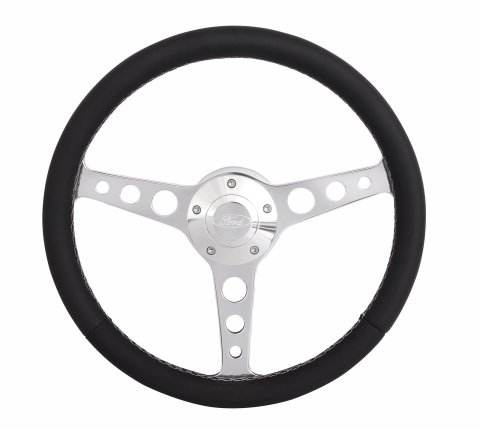Grant Billet Classic Series Steering Wheels 1923 Wheel, Series, Aluminum, Polished, Leather/Black, 3-Spoke, 14 in. Diameter, 5-Bolt mount, Ford Logo Horn Button, Each thumbnail 1
