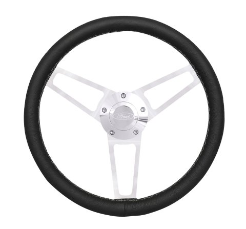 Grant Billet Steering Wheels 1902-1 Wheels, Series, 14.75 in. Diameter, Leather Grip, Aluminum, 3-Spoke, Polished, with Ford Logo Horn Button, Installation Hub, Each thumbnail 1