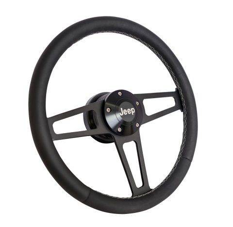 Grant Billet T-Series Steering Wheels 1919 Wheel, T Series, Aluminum, Black, Leather/Black, 3-Spoke, 14 in. Diameter, 5-Bolt mount, Jeep Logo Horn Button, Each thumbnail 1