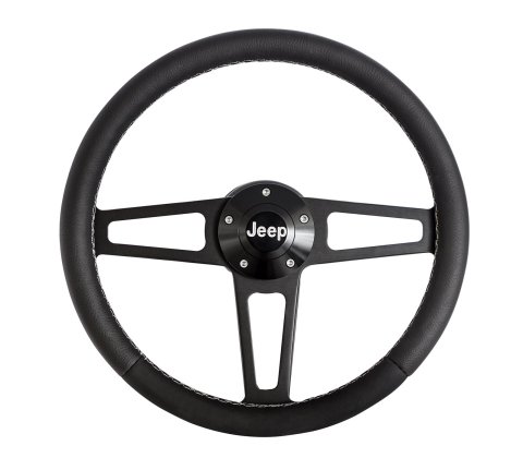 Grant Billet T-Series Steering Wheels 1919 Wheel, T Series, Aluminum, Black, Leather/Black, 3-Spoke, 14 in. Diameter, 5-Bolt mount, Jeep Logo Horn Button, Each thumbnail 2