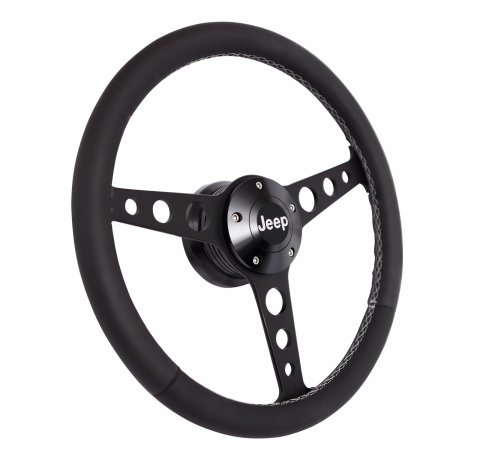 Grant Billet Classic Series Steering Wheels 1929 Wheel, Series, Aluminum, Black, Leather/Black, 3-Spoke, 14 in. Diameter, 5-Bolt mount, Jeep Logo Horn Button, Each