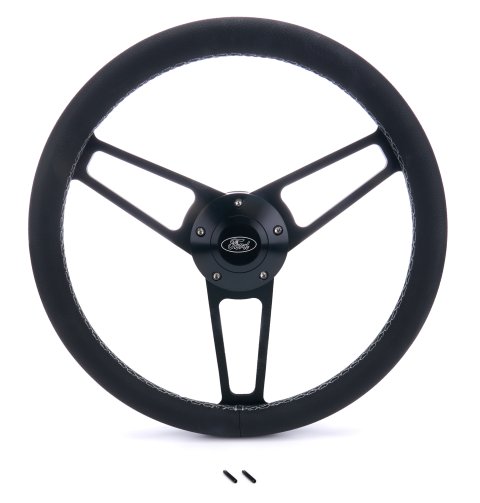 Grant Billet Steering Wheels 1907-1 Wheels, Series, 14.0 in. Diameter, Leather Grip Aluminum, 3-Spoke, Polished, with Ford Logo Horn Button, Installation Hub, Kit thumbnail 1