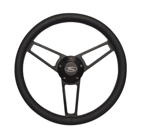 Grant Billet Steering Wheels 1907-1 Wheels, Series, 14.0 in. Diameter, Leather Grip Aluminum, 3-Spoke, Polished, with Ford Logo Horn Button, Installation Hub, Kit thumbnail 2