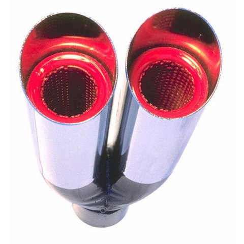 Hedman Hot Tips Chrome Round, 2.25 Inch Exhaust Tip 17104 Tip, Steel, Chrome, Slant, Non-Rolled Edge, in. Inlet, Dual 2.5 in. Outlets, 9 in. Long, Each thumbnail 3