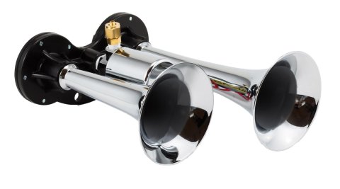 Kleinn Compact Dual Air Horns 99 Horns, Dual, Train/Trumpet Style, Compact, 2 Different Lengths, with Vortex 4 Solenoid, 150 psi, 153.6 dB at 150 psi, Zinc Alloy, Chrome Plated, Pair