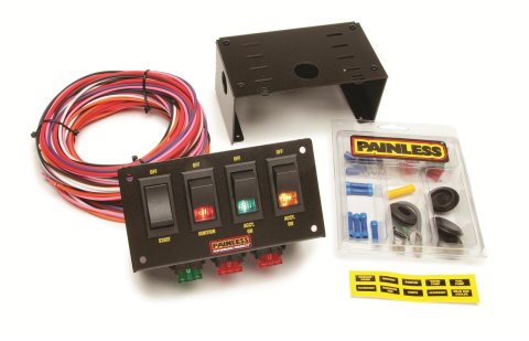 Painless Performance Switch Panels 50301 Panel, Aluminum, Black, 5.75 in. Wide, 3 in. Tall, Fused, Lighted, 4 Rocker Switches, Each