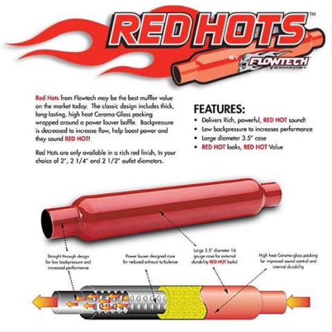 Flowtech Red Hots Steel 2.25 Inch Muffler 50251FLT Muffler, Hots, 2 1/4 in. Inlet/2 1/4 in. Outlet, Steel, Each thumbnail 2