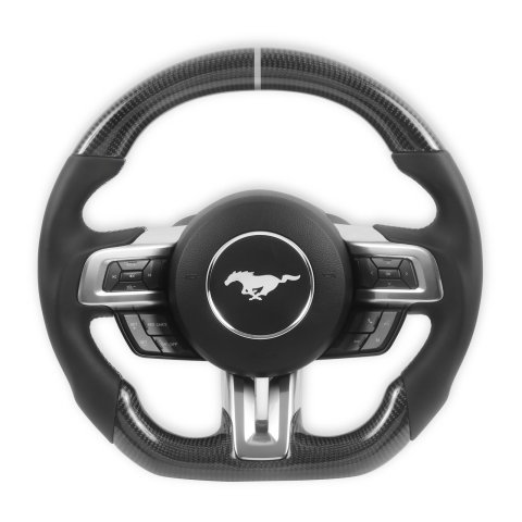 Drake Steering Wheels MU950-09 Wheel, Carbon Fiber with Leather Grips, 3 Spoke, Flat Bottom, Silver Stitching, Reuse Airbag and Factory Controls, Black, Ford, Each thumbnail 1