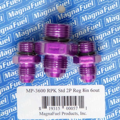 MagnaFuel Pressure Control Unit Fitting Kits MP-3600 Fittings, Fuel Regulator, MP-9633 Regulator Kits, One -8 AN Inlet and Two -6 AN Outlet Fittings, Purple, Kit thumbnail 1