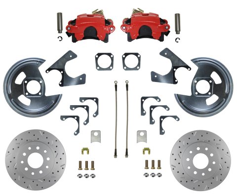 LEED Brakes Rear Disc Brake Conversion Kits RRC1001X Kit, Conversion, Cross-drilled/Slotted Rotors, Red Powdercoated Calipers, Buick, Chevy, GMC, Oldsmobile, Pontiac, Kit thumbnail 1