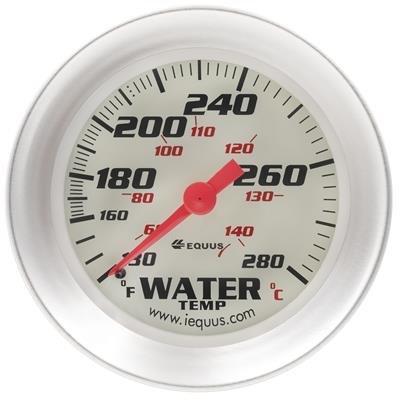 Equus 8000 Series Gauges E8442 Gauge, Series, Water Temperature, 130-280 Degrees F, 2 5/8 in. Diameter, Analog, Mechanical, White Face