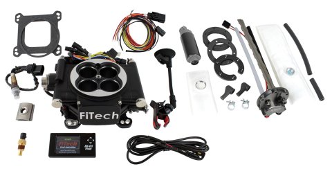 FiTech Go EFI 4 600 HP Self-Tuning Fuel Injection Systems with In-Tank Modules 36202 System, 4, Throttle Body, Pump Module, Wiring Harness, Hardware, Matte Black Finish, Kit