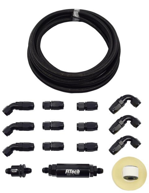 FiTech Stainless Steel Fuel Line Kits 51004 Plumbing Kit, 40 ft, Black Braided Stainless, With 40 Micron Filter, Check Valve, Kit