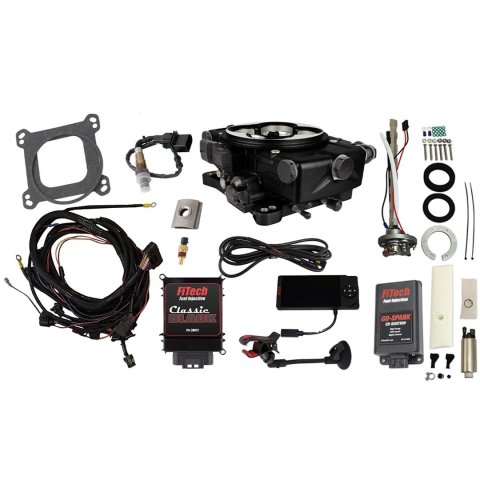 FiTech Go EFI Classic 650 HP System Regulated In-Tank Pump/Go-Spark Fuel Injection Master Kits 96321 Black With 340 LPH & Spark CDI Box Kit