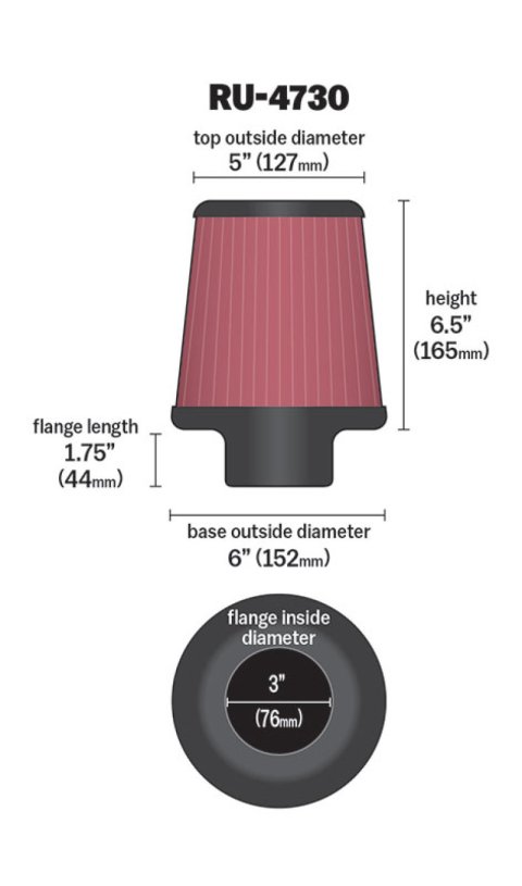 K&N Filter 3 inch Flange 6 inch Base 5 Top 6 1/2 inch Height thumbnail 5