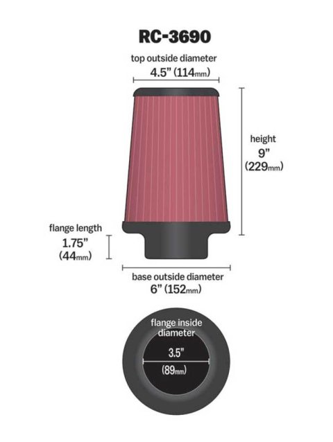 K&N Universal Chrome Filter 3 1/2 inch ID FLG / 6 inch Bottom / 4 1/2 inch CR / 9 inch Length thumbnail 5