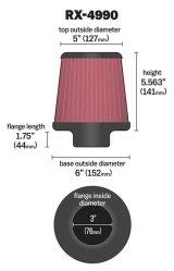 K&N Filter Universal X Stream Clamp-On 3 inch Flange 6 inch Base 5 inch Top 5 9/16 inch Height thumbnail 4