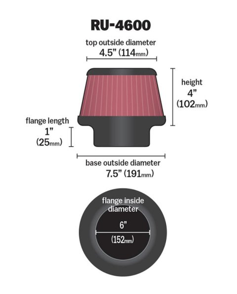 K&N Filter 6 inch Flange 7.5 inch Base 4.5 Top 4 inch Height thumbnail 4