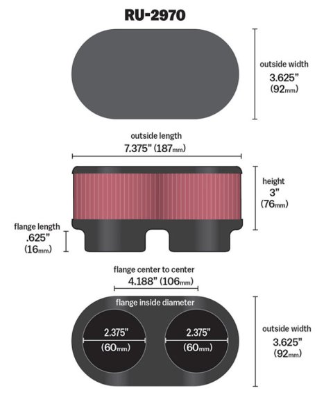 K&N Filter Universal Filter 2 3/8 inch Dual Flange 107mm C-C 3 inch Height thumbnail 1