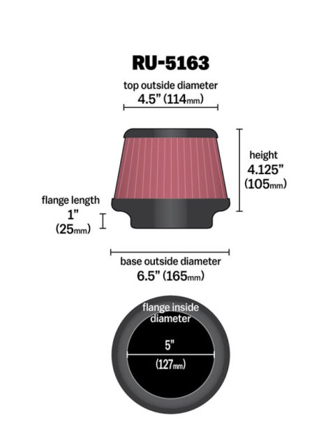 K&N Universal Rubber Filter 5in Flange ID x 6.5in Base OD x 4.5in Top OD x 4.125in Height thumbnail 4