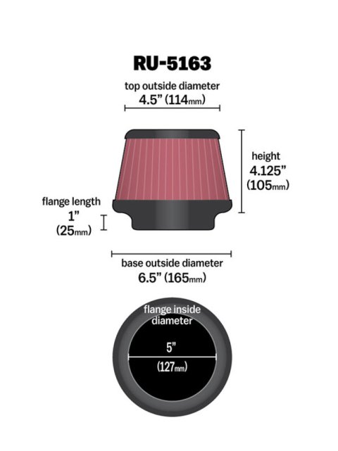 K&N Universal Rubber Filter 5in Flange ID x 6.5in Base OD x 4.5in Top OD x 4.125in Height thumbnail 5