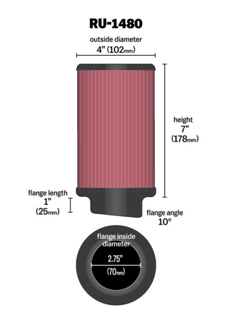 K&N Filter Universal Rubber Filter 10 Degree Flange Angle 4in OD x 2.75in Flange ID x 7in H thumbnail 5