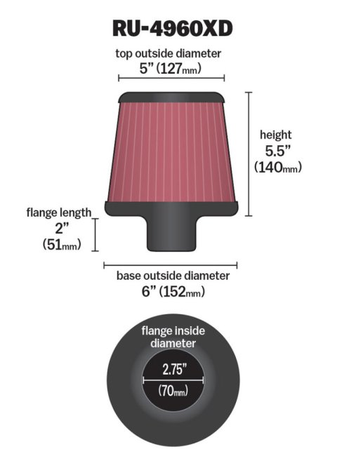K&N Filter Universal Clamp-On Filter-Round Tapered 2.75in Flange ID x 6in Base OD x 5in Top OD thumbnail 3