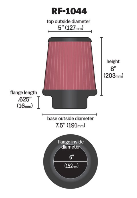 K&N Round Tapered Universal Air Filter 6 inch Flange 7.5 inch Base 5 inch Top 8 inch Height thumbnail 4