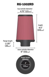 K&N Universal Air Filter Chrome Round Tapered Red - 4in Flange ID x 1.125in Flange Length x 9.5in H thumbnail 1