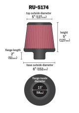 K&N Universal Rubber Filter-Round Tapered 2.5in Flange ID x 6in Base OD x 5in Top OD x 5in Height thumbnail 5