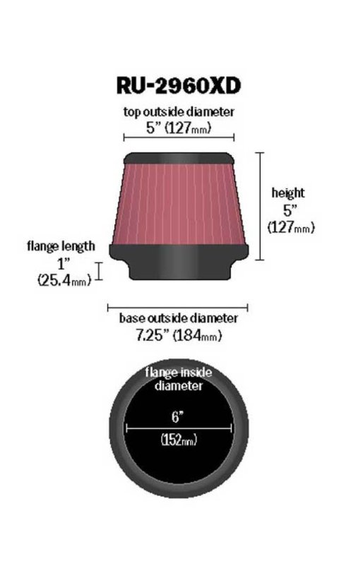 K&N Universal Tapered Filter 6in Flange ID x 7.5in Base OD x 5in Top OD x 5in Height thumbnail 2