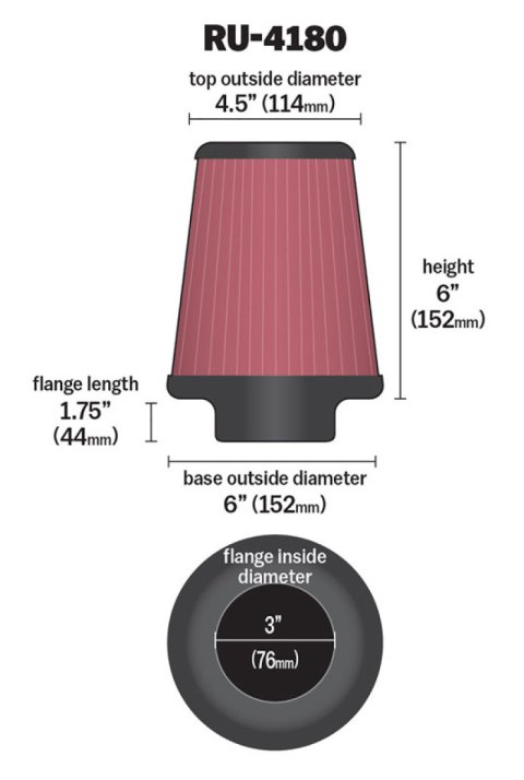 K&N Universal Clamp-On Air Filter 3in FLG / 6in B / 4-1/2in T / 6in H thumbnail 2