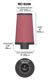 K&N Universal Chrome Round Tapered Air Filter 3in FlangeID / 6in Base OD / 4.5in Top OD / 8in Height thumbnail 4
