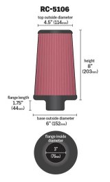 K&N Universal Chrome Round Tapered Air Filter 3in FlangeID / 6in Base OD / 4.5in Top OD / 8in Height thumbnail 5