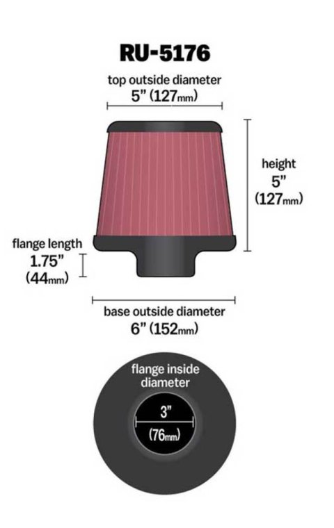 K&N Universal Rubber Filter-Round Tapered 3in Flange ID x 6in Base OD x 6in Top OD x 5in H thumbnail 5