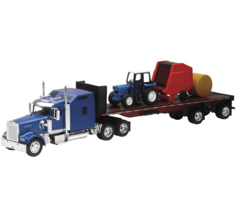 New Ray Toys Kenworth W900 with Flatbed, Tractor and Round Haybales/ Scale - 1:32 thumbnail 1