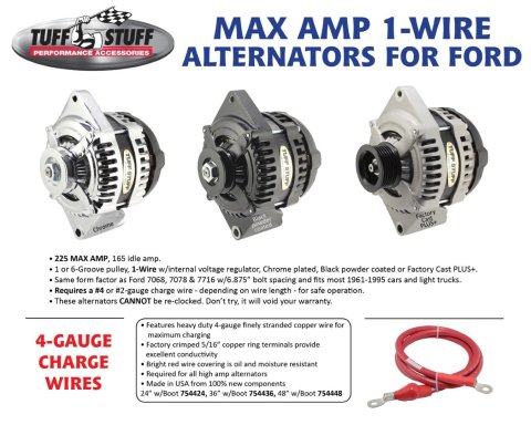 Tuff Stuff Performance MAX AMP Output Factory Cast-Plus Alternators 8441FC6G1W Alternator, Internal Regulator, 225 Amp, One Wire, Serpentine Pulley, Cast Plus Finish, Ford, Each thumbnail 2
