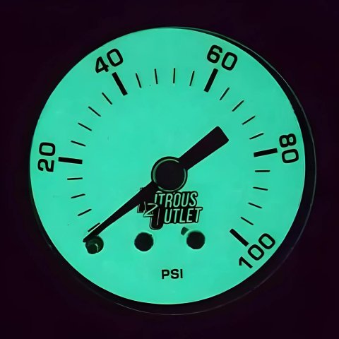 Nitrous Outlet Luminescent Fuel Pressure Gauges 00-63004-B Gauge, Pressure, 0-100 psi, 1 3/4 in. Diameter, Analog, Full Sweep, Luminescent, Mechanical, 3/8 in. NPT Bushing, White Face, Chrome Bezel, Each thumbnail 1