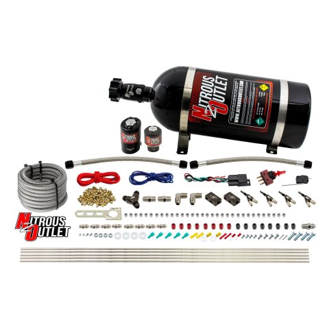 Nitrous Outlet Oxide Systems 00-10362-ALC-10 4 Cyl 2Sol Direct Port Sys w/ Dist Blocks ALC Low PSI(10Lb Bottle)(90° Noz)