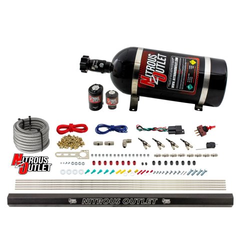Nitrous Outlet Direct Port Systems 00-10362-R-10 4 Cyl 2 Sol Sys w/ Single Rail Low PSI(10Lb Bottle)(90° Noz)