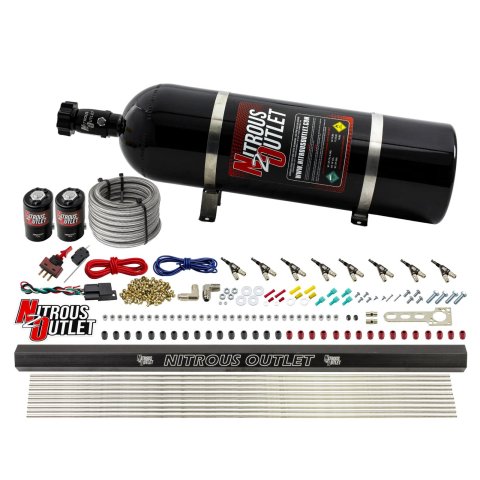 Nitrous Outlet Direct Port Systems 00-10472-H-R-15 8 Cyl 2 Sol Sys w/ Single Rail Low PSI(15Lb Bottle)90° Noz
