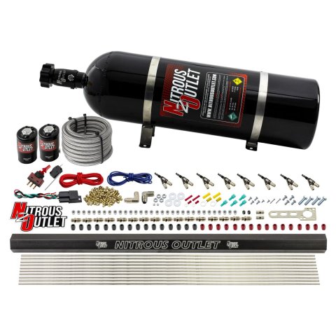 Nitrous Outlet Oxide Systems 00-10473-H-R-15 8 Cyl 2 Sol Direct Port Sys w/ Single Rail Hi PSI(15Lb Bottle)(90° Noz)