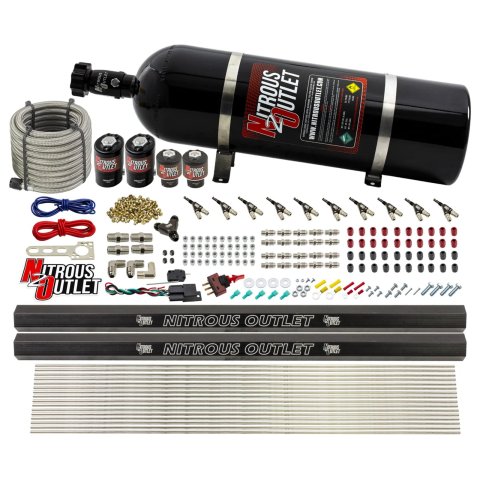 Nitrous Outlet Direct Port Systems 00-10496-R-15 10 Cyl 4 Sol Sys w/ Dual Rails Low PSI(15Lb Bottle)(90° Noz)