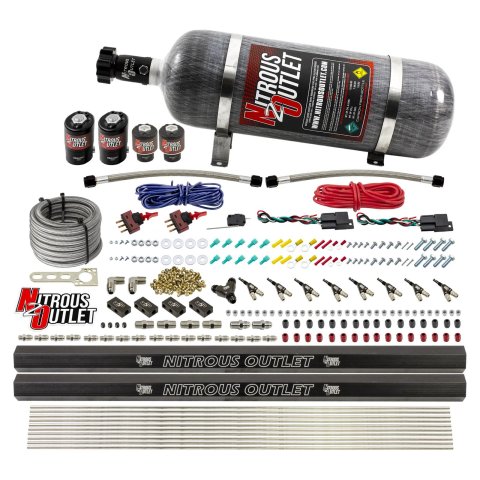 Nitrous Outlet Oxide Systems 00-10362-ALC-R-DS-12 DS 4Cyl 4Sol Direct Port Sys w/ Dual Rails ALC Low PSI(12LB Bottle) 90° Noz