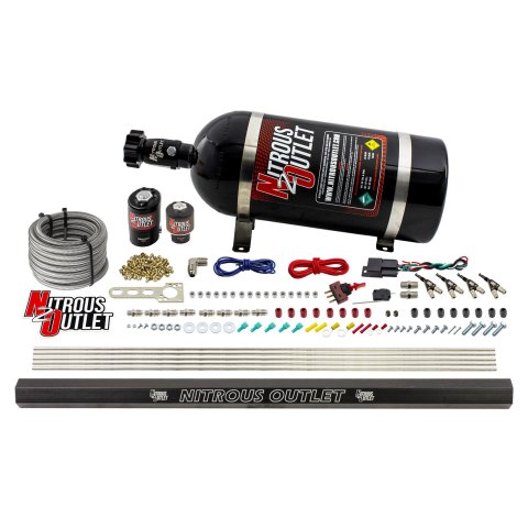 Nitrous Outlet Oxide Systems 00-10362-E85-R-10 4 Cyl 2 Sol Direct Port Sys w/ Single Rail E85 Low PSI(10Lb Bottle) 90° Noz