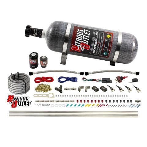 Nitrous Outlet Oxide Systems 00-10363-E85-R-12 4 Cyl 2 Sol Direct Port Sys w/ Single Rail E85 Hi PSI(12Lb Bottle)(90° Noz)