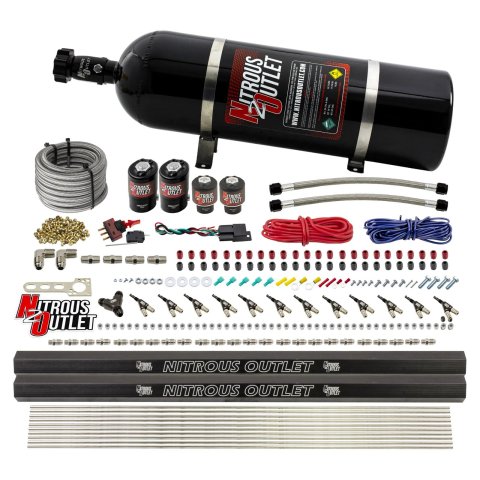 Nitrous Outlet Oxide Systems 00-10398-R-DS-15 DS 6 Cyl 4 Sol Direct Port Sys w/ Dual Rails Low PSI(15Lb Bottle)(90° Noz)
