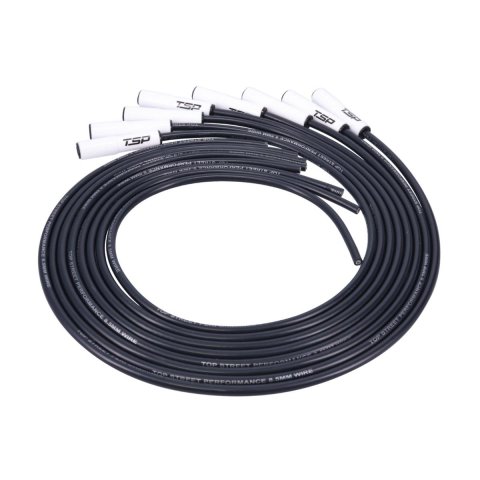 Top Street Performance 8.5mm Spark Plug Wire Sets 81025CE Set, 8.5mm, Coil Pack Terminal Type, Spiral Core, Black Wire, Black/White Boots, 180 degree Boots, Chevy, LS/Gen V, Set